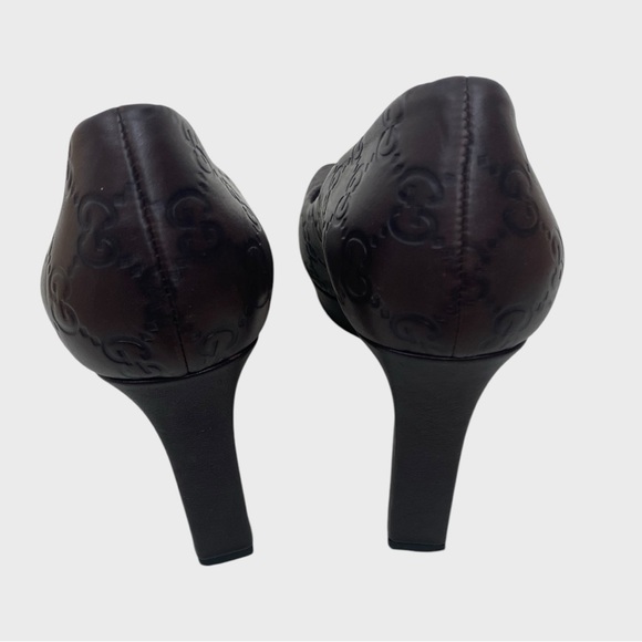 GUCCI Brown Leather Guccissima GG Logo Peep Toe Platform Pumps Size 36 1/2 - Picture 7 of 10